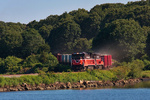 Providence & Worcester train NR-2 pulls onto the causeway between Mill Cove and the Thames River in Ledyard, CT
