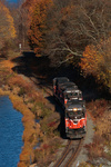 A short Providence & Worcester train NR-2 heads south through Preston, CT on a fall morning