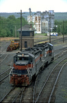 Guilford train EDRJ's power, a pair of SD26s, heads back to the house for servicing after dropping their train in the yard at East Deerfield, MA
