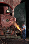 Museum volunteer Rich Cizik makes some sparks on the Baldwin 0-4-0T