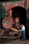 Museum volunteer Rich Cizik makes some sparks on the Baldwin 0-4-0T