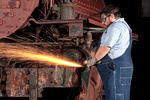 Museum volunteer Rich Cizik makes some sparks on the Baldwin 0-4-0T